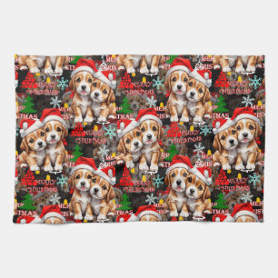 Fröhlicher Weihnachtsmann Hut Hund Welpen Design - Geschirrtuch