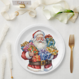 Fröhlicher Weihnachtsmann im traditionellen roten Pappteller