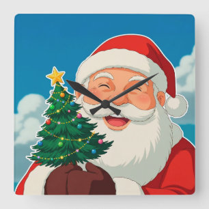Fröhlicher Weihnachtsmann mit einem kleinen Weihna Quadratische Wanduhr