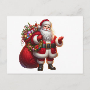 Fröhlicher Weihnachtsmann mit riesigem Sack Feiertagspostkarte