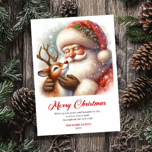 Fröhlicher Weihnachtsmann mit Rudolph lustige Weih Feiertagskarte