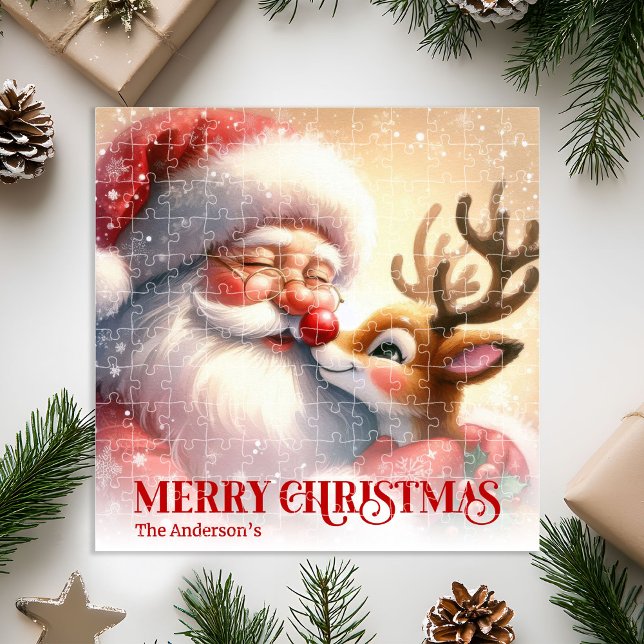 Fröhlicher Weihnachtsmann Rudolph Personalisierte  Puzzle (Merry Santa Claus Rudolph Personalized Kids Holiday Puzzle

)