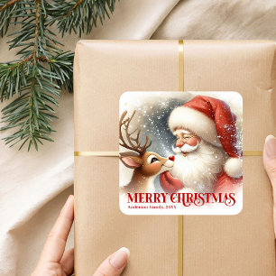Fröhlicher Weihnachtsmann Rudolph Personalisierte Quadratischer Aufkleber
