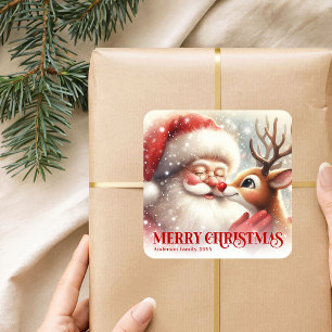 Fröhlicher Weihnachtsmann Rudolph Personalisiertes Quadratischer Aufkleber