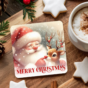 Fröhlicher Weihnachtsmann Rudolph Weihnachtsgeträn Rechteckiger Pappuntersetzer
