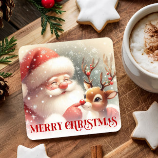 Fröhlicher Weihnachtsmann Rudolph Weihnachtsgeträn Rechteckiger Pappuntersetzer