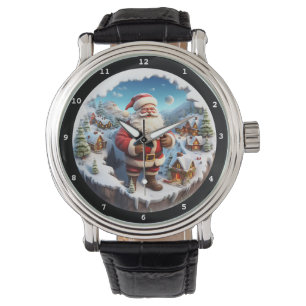 Fröhlicher Weihnachtsmann Schneedorflandschaft Armbanduhr