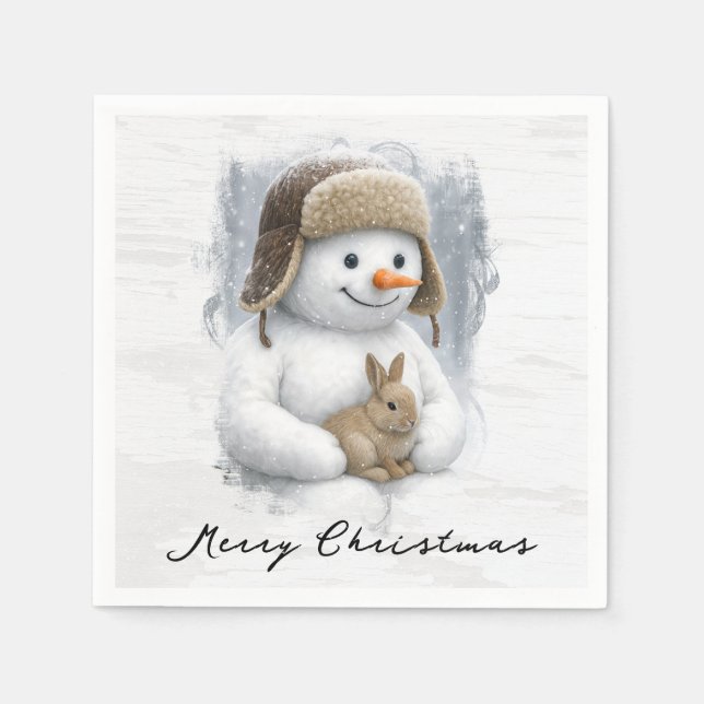 Fröhlicher Weihnachtsmann Schneemann mit Hase Serviette (Vorderseite)