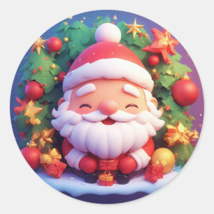 Fröhlicher Weihnachtsmann umgeben von festlichen W Runder Aufkleber