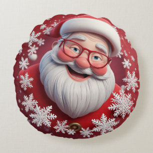 Fröhlicher Weihnachtsmann umgeben von Schneeflocke Rundes Kissen
