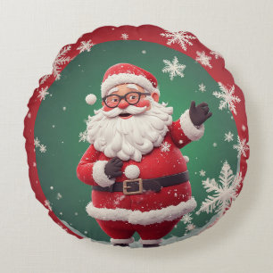 Fröhlicher Weihnachtsmann umgeben von Schneeflocke Rundes Kissen
