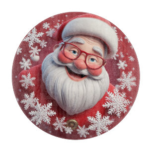Fröhlicher Weihnachtsmann umgeben von Schneeflocke Schneidebrett