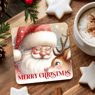 Fröhlicher Weihnachtsmann und Rudolph Festive Weih Rechteckiger Pappuntersetzer