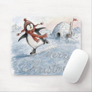 Fröhlicher Weihnachtspinguin auf Schlittschuhen Mousepad