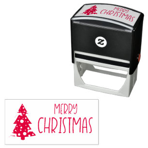 Fröhlicher Weihnachtstext mit schneebedecktem Weih Permastempel