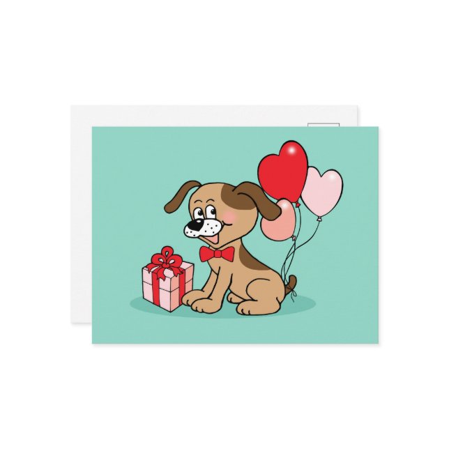 Fröhlicher Welpe mit einem Geschenk Postkarte (Vorderseite/Rückseite Beispiel)
