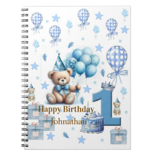 Fröhliches 1. Geburtstag Teddybär Blaues Notizbuch Notizblock