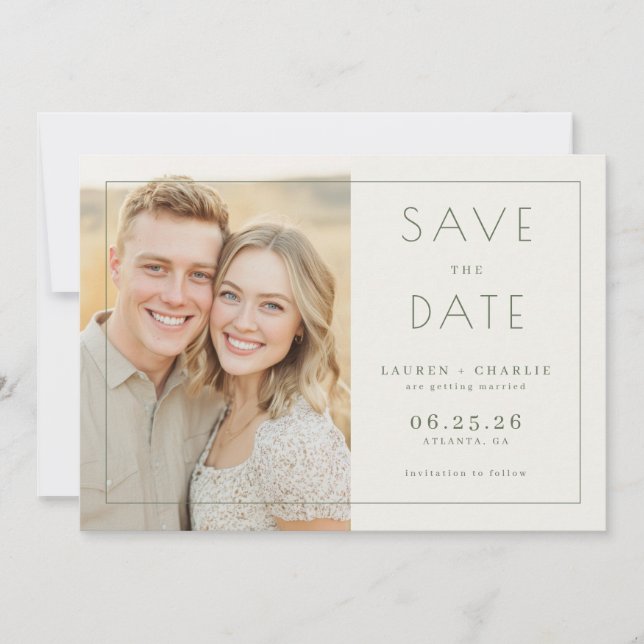 Fröhliches Beige Minimalistisches Foto Save The Date (Vorderseite)
