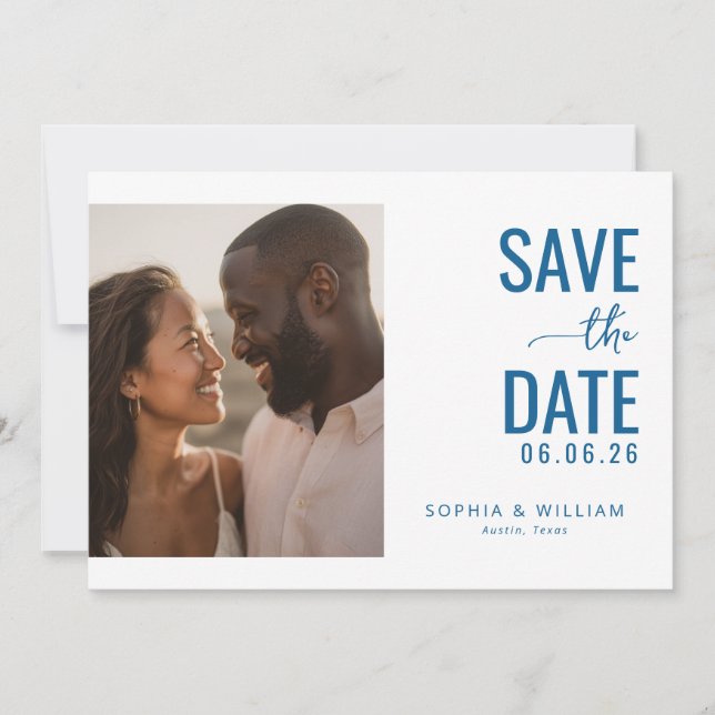 Fröhliches Blau Minimalistisches Foto Save The Date (Vorderseite)