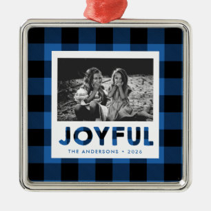 Fröhliches Blaues Büffel-Karo Foto-Ornament Ornament Aus Metall