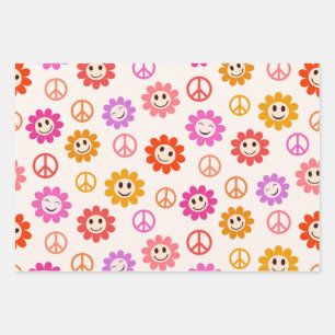 Fröhliches Blumenmuster mit Friedenszeichen  Geschenkpapier Set