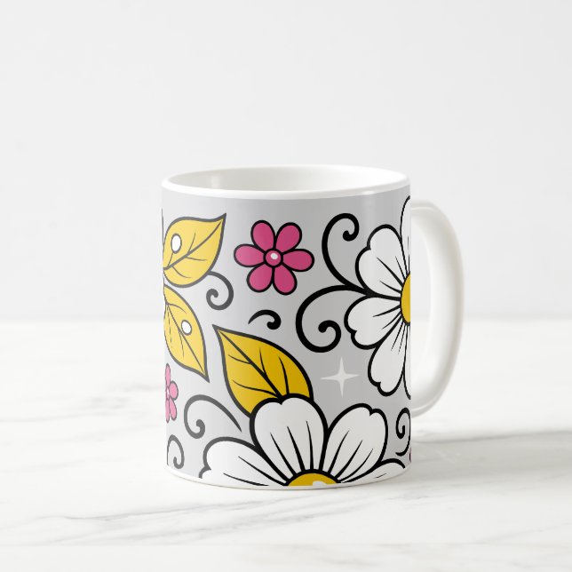 Fröhliches Blumenmuster mit kräftigen Umrandungen Kaffeetasse (VorderseiteRechts)