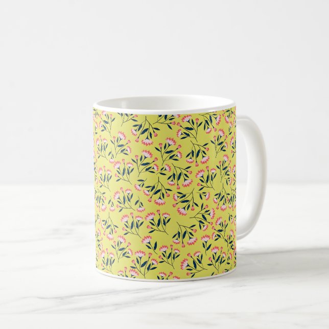Fröhliches Blumenmuster: Rosa Blüten Kaffeetasse (VorderseiteRechts)
