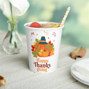 Fröhliches Erntedankpumpkin mit Hats und Blätter Pappbecher