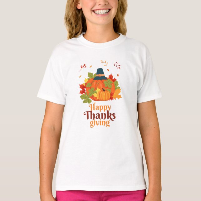 Fröhliches Erntedankpumpkin mit Hats und Blätter T-Shirt (Vorderseite)