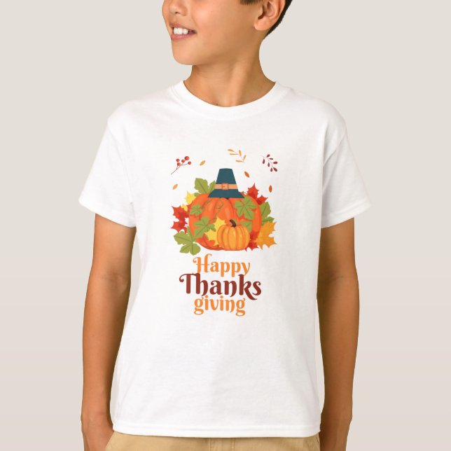 Fröhliches Erntedankpumpkin mit Hats und Blätter T-Shirt (Vorderseite)