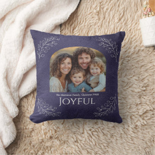 Fröhliches Familien-Weihnachtsfoto Elegantes Blau  Kissen