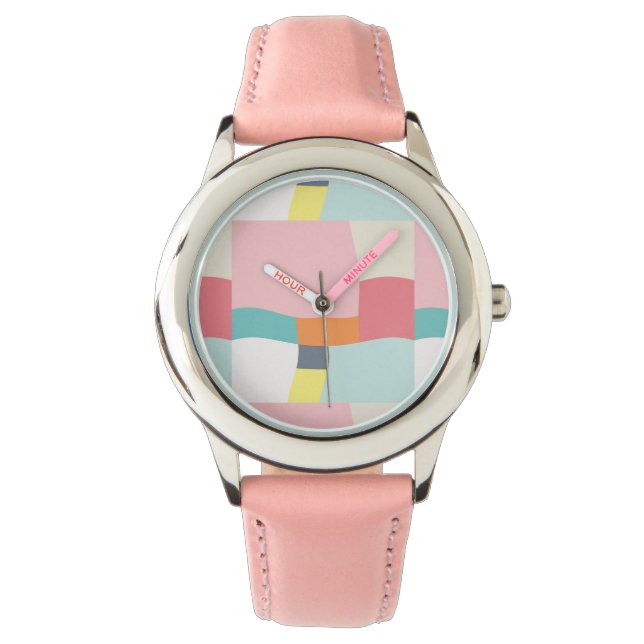 fröhliches Farbmuster - Rosa, Türkis, Orange, Armbanduhr (Vorderseite)