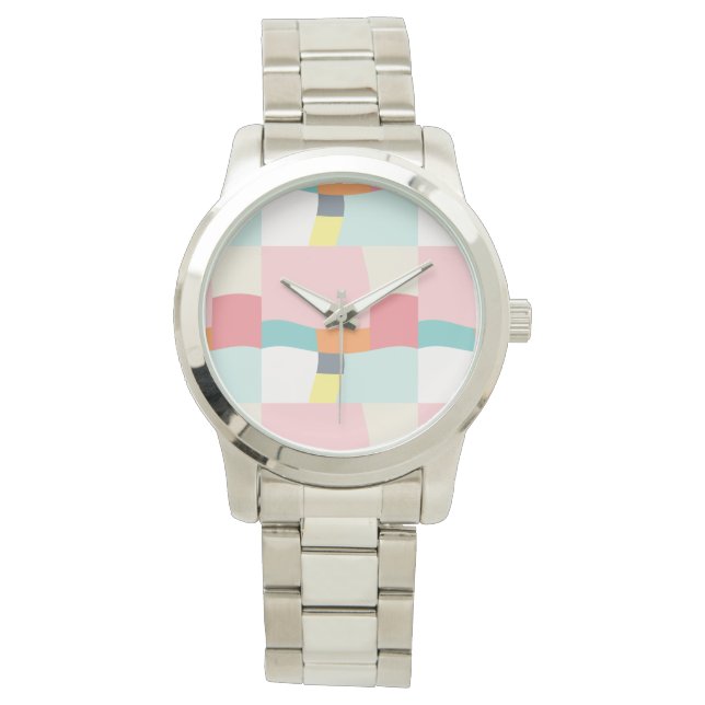fröhliches Farbmuster - Rosa, Türkis, Orange, Armbanduhr (Vorderseite)
