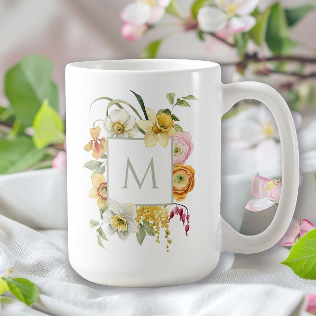 Fröhliches Frühlingsblüten-Wasserfarben-Monogramm Kaffeetasse (Von Creator hochgeladen)