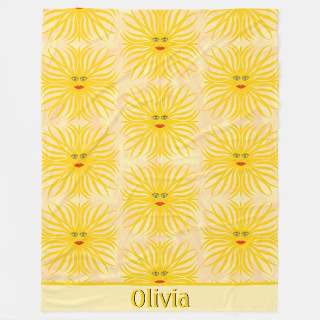 Fröhliches, gelbes, rotes Sonnengesicht Kindermust Fleecedecke (Vorderseite)