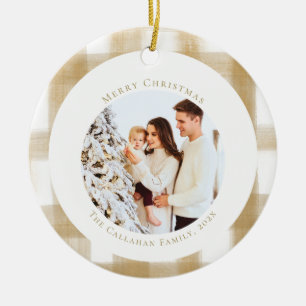 Fröhliches Goldenes Gingham Karo Familien-Weihnach Keramik Ornament