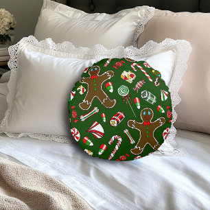 Fröhliches grünes festliches Lebkuchenbonbon-Muste Rundes Kissen