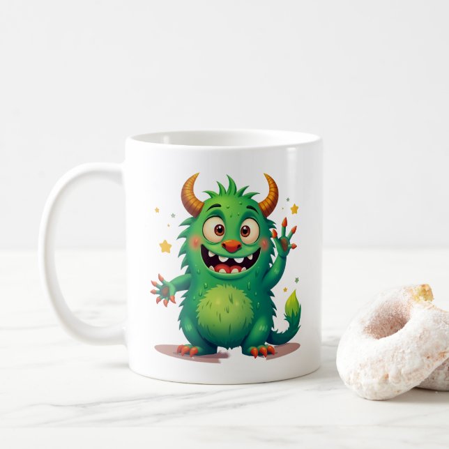 Fröhliches grünes Monster: Ein freundlicher Beglei Kaffeetasse (Mit Donut)