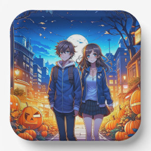 Fröhliches Halloween   Anime-Paar Händchen haltend Pappteller