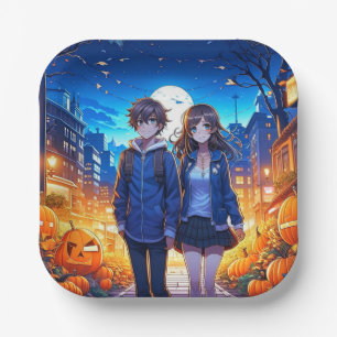 Fröhliches Halloween   Anime-Paar Händchen haltend Pappteller