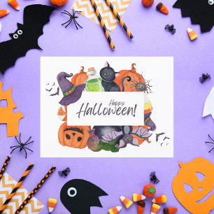 Fröhliches Halloween Aquarell-Hexenhut und Katze Feiertagskarte