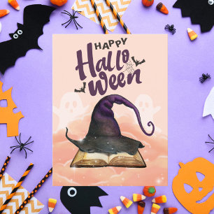 Fröhliches Halloween-Aquarell-Hexenhut und Zauberb Feiertagskarte