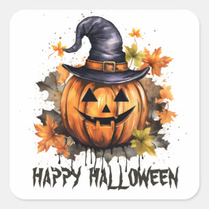 Fröhliches Halloween Böser Grinsender Kürbis Kunst Quadratischer Aufkleber