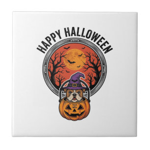 Fröhliches Halloween Bulldogge Hexe Kürbis Vintage Fliese