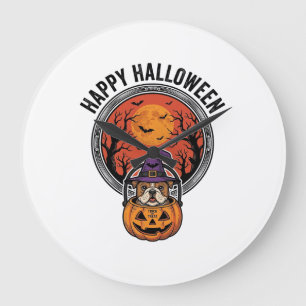Fröhliches Halloween Bulldogge Hexe Kürbis Vintage Große Wanduhr