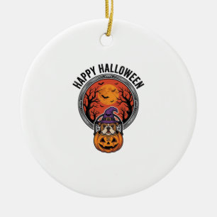 Fröhliches Halloween Bulldogge Hexe Kürbis Vintage Keramik Ornament