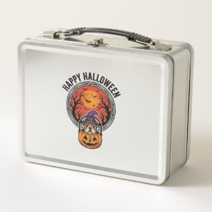 Fröhliches Halloween Bulldogge Hexe Kürbis Vintage Metall Brotdose