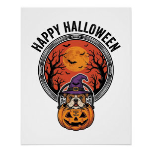 Fröhliches Halloween Bulldogge Hexe Kürbis Vintage Poster