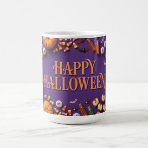 Fröhliches Halloween-Flat-Lay auf Lila Kaffeetasse