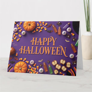 Fröhliches Halloween-Flat-Lay auf Lila Karte